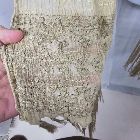 Green Boho Sheer Beaded Embroidered Shimmery Fringed Scarf - Picture 10 of 12